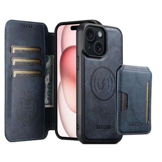 For iPhone 15 Plus Suteni Q05S3 3-in-1 Detachable Vertical Flip Wallet MagSafe Leather Phone Case(Blue)
