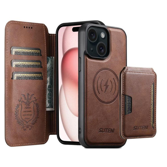 For iPhone 15 Suteni Q05S3 3-in-1 Detachable Vertical Flip Wallet MagSafe Leather Phone Case(Brown)
