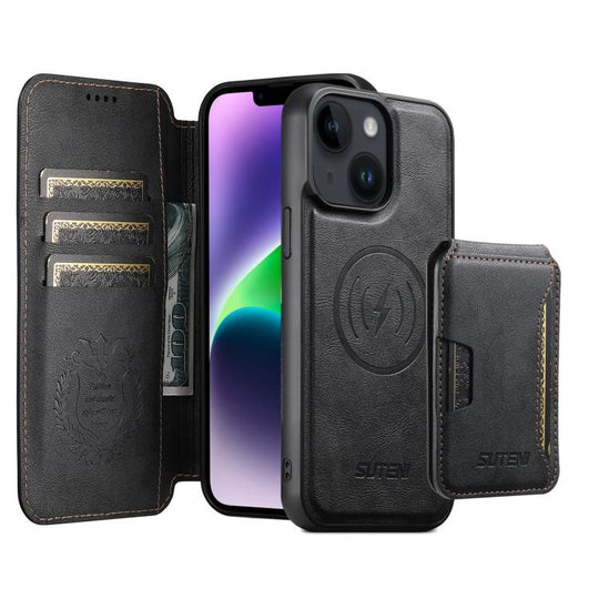 For iPhone 14 Suteni Q05S3 3-in-1 Detachable Vertical Flip Wallet MagSafe Leather Phone Case(Black)