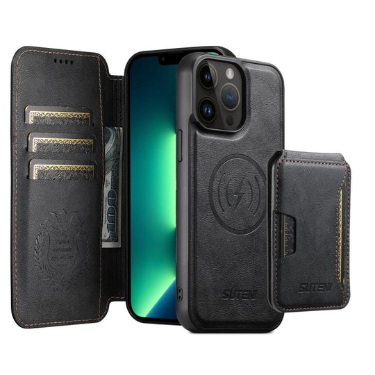 For iPhone 13 Pro Max Suteni Q05S3 3-in-1 Detachable Vertical Flip Wallet MagSafe Leather Phone Case(Black)