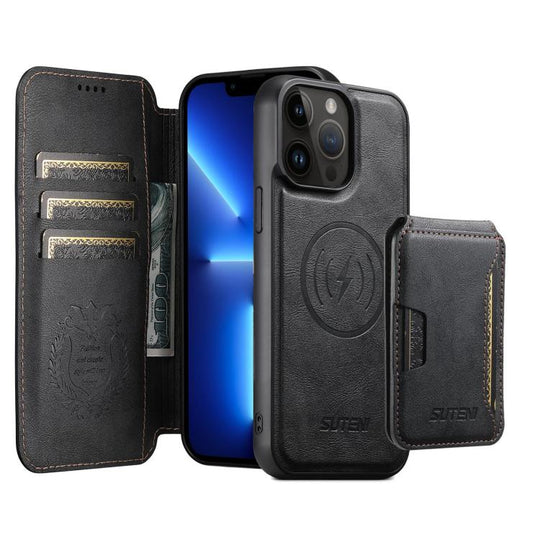 For iPhone 13 Pro Suteni Q05S3 3-in-1 Detachable Vertical Flip Wallet MagSafe Leather Phone Case(Black)