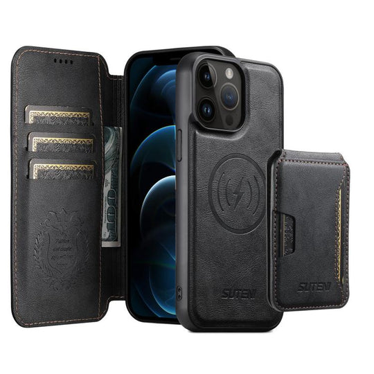 For iPhone 12 Pro Max Suteni Q05S3 3-in-1 Detachable Vertical Flip Wallet MagSafe Leather Phone Case(Black)