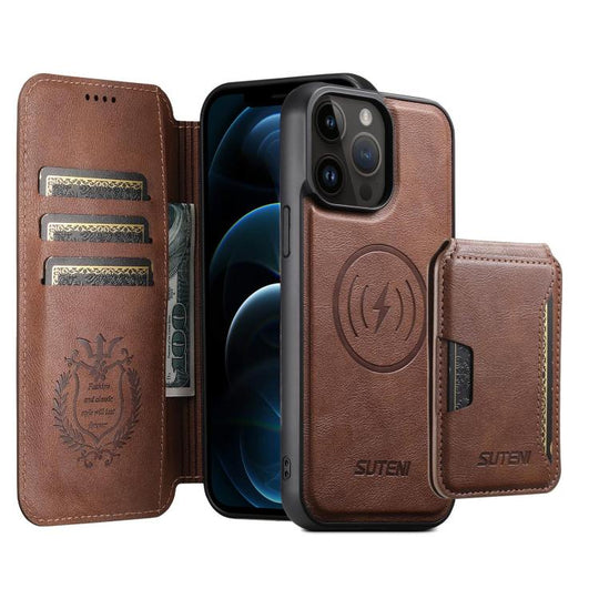 For iPhone 12 Pro Max Suteni Q05S3 3-in-1 Detachable Vertical Flip Wallet MagSafe Leather Phone Case(Brown)