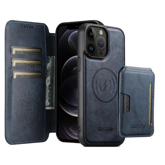 For iPhone 12 Pro Suteni Q05S3 3-in-1 Detachable Vertical Flip Wallet MagSafe Leather Phone Case(Blue)