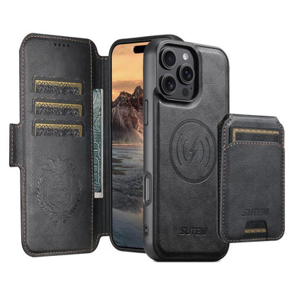 For iPhone 16 Pro Max Suteni Q06S2 3-in-1 Detachable Vertical Flip Wallet MagSafe Splicing Leather Phone Case(Black) - iPhone 16 Pro Max Cases by Suteni | Online Shopping UK | buy2fix