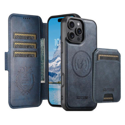 For iPhone 16 Plus Suteni Q06S2 3-in-1 Detachable Vertical Flip Wallet MagSafe Splicing Leather Phone Case(Blue) - iPhone 16 Plus Cases by Suteni | Online Shopping UK | buy2fix