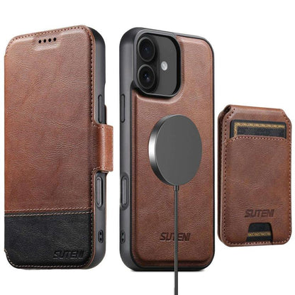 For iPhone 16 Suteni Q06S2 3-in-1 Detachable Vertical Flip Wallet MagSafe Splicing Leather Phone Case(Brown) - iPhone 16 Cases by Suteni | Online Shopping UK | buy2fix