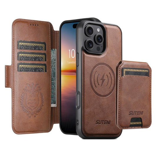 For iPhone 16 Suteni Q06S2 3-in-1 Detachable Vertical Flip Wallet MagSafe Splicing Leather Phone Case(Brown) - iPhone 16 Cases by Suteni | Online Shopping UK | buy2fix