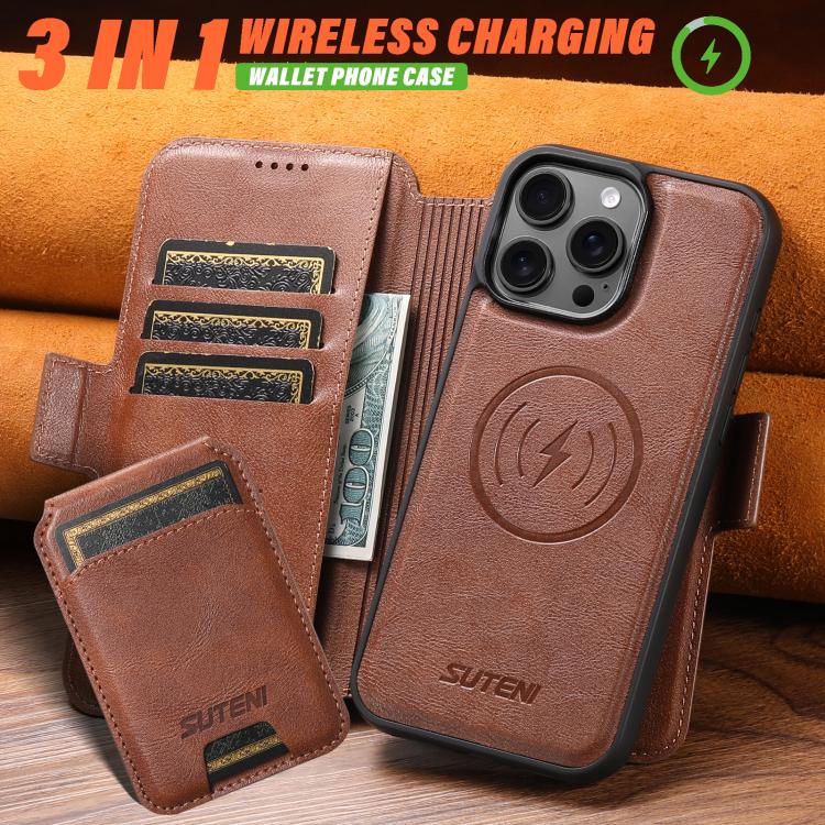 For iPhone 16 Suteni Q06S2 3-in-1 Detachable Vertical Flip Wallet MagSafe Splicing Leather Phone Case(Brown) - iPhone 16 Cases by Suteni | Online Shopping UK | buy2fix