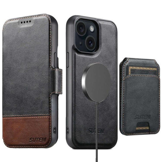 For iPhone 14 Plus Suteni Q06S2 3-in-1 Detachable Vertical Flip Wallet MagSafe Splicing Leather Phone Case(Black)