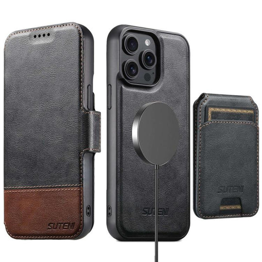 For iPhone 14 Pro Suteni Q06S2 3-in-1 Detachable Vertical Flip Wallet MagSafe Splicing Leather Phone Case(Black)