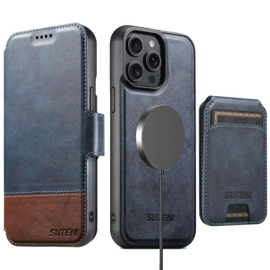 For iPhone 14 Pro Max Suteni Q06S2 3-in-1 Detachable Vertical Flip Wallet MagSafe Splicing Leather Phone Case(Blue)