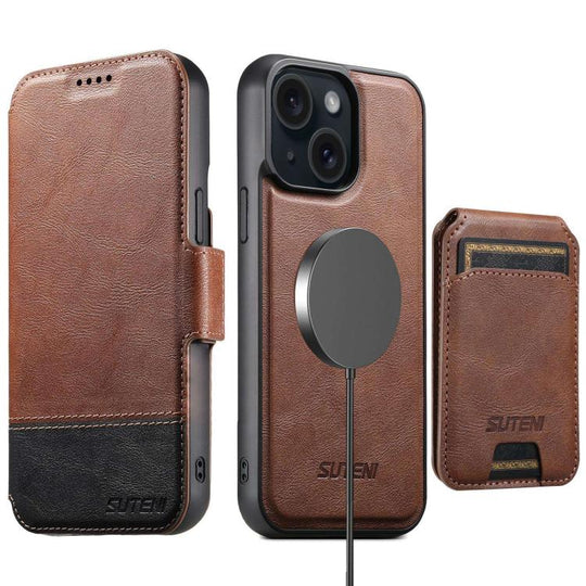 For iPhone 13 Suteni Q06S2 3-in-1 Detachable Vertical Flip Wallet MagSafe Splicing Leather Phone Case(Brown)