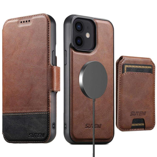 For iPhone 12 Suteni Q06S2 3-in-1 Detachable Vertical Flip Wallet MagSafe Splicing Leather Phone Case(Brown)