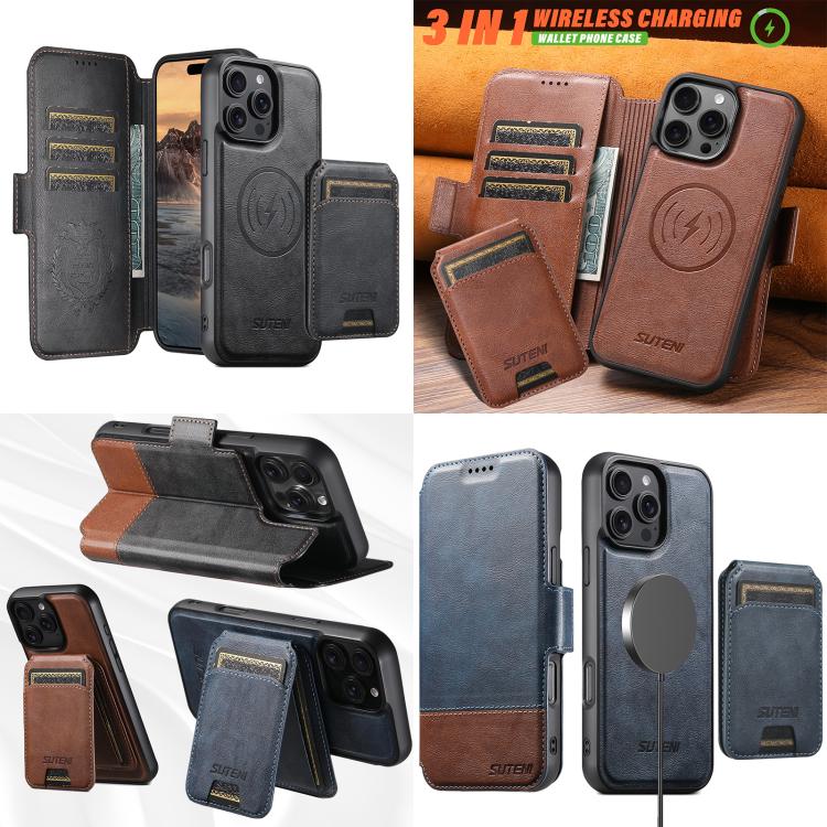 For iPhone 16 Pro Suteni Q06S2 3-in-1 Detachable Vertical Flip Wallet MagSafe Splicing Leather Phone Case(Black) - iPhone 16 Pro Cases by Suteni | Online Shopping UK | buy2fix