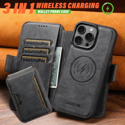 For iPhone 16 Pro Max Suteni Q06S3 3-in-1 Splicing Detachable Vertical Flip Wallet MagSafe Leather Phone Case(Black) - iPhone 16 Pro Max Cases by Suteni | Online Shopping UK | buy2fix