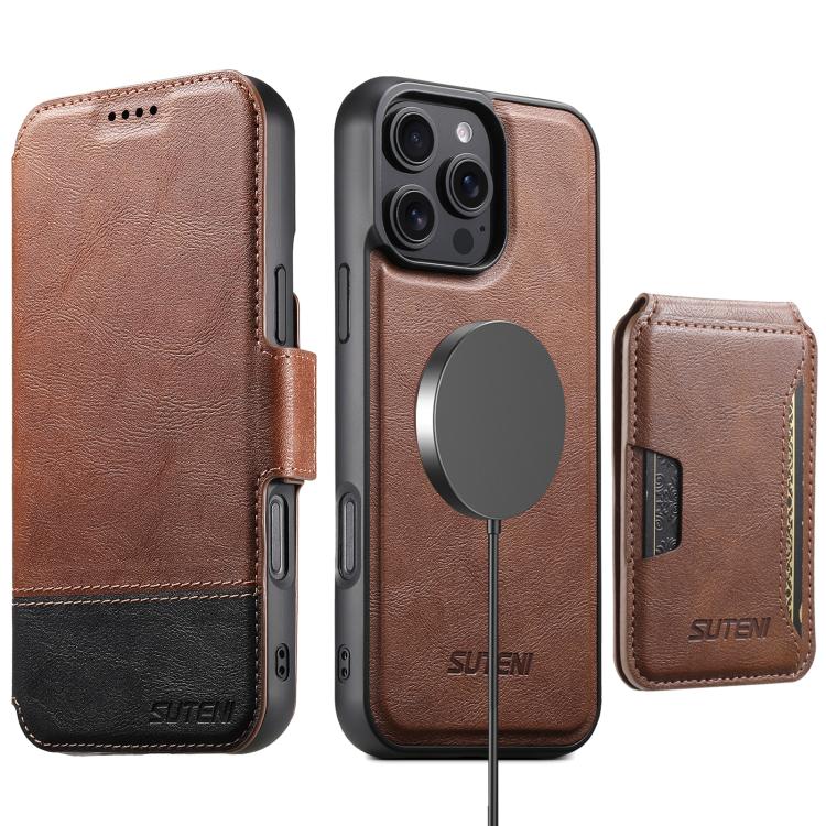 For iPhone 16 Pro Max Suteni Q06S3 3-in-1 Splicing Detachable Vertical Flip Wallet MagSafe Leather Phone Case(Brown) - iPhone 16 Pro Max Cases by Suteni | Online Shopping UK | buy2fix