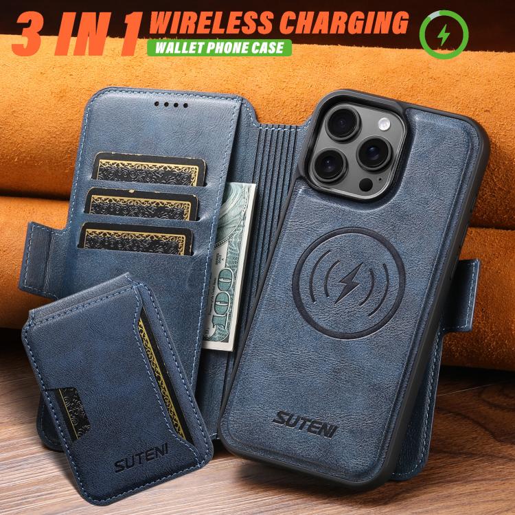 For iPhone 16 Pro Max Suteni Q06S3 3-in-1 Splicing Detachable Vertical Flip Wallet MagSafe Leather Phone Case(Blue) - iPhone 16 Pro Max Cases by Suteni | Online Shopping UK | buy2fix