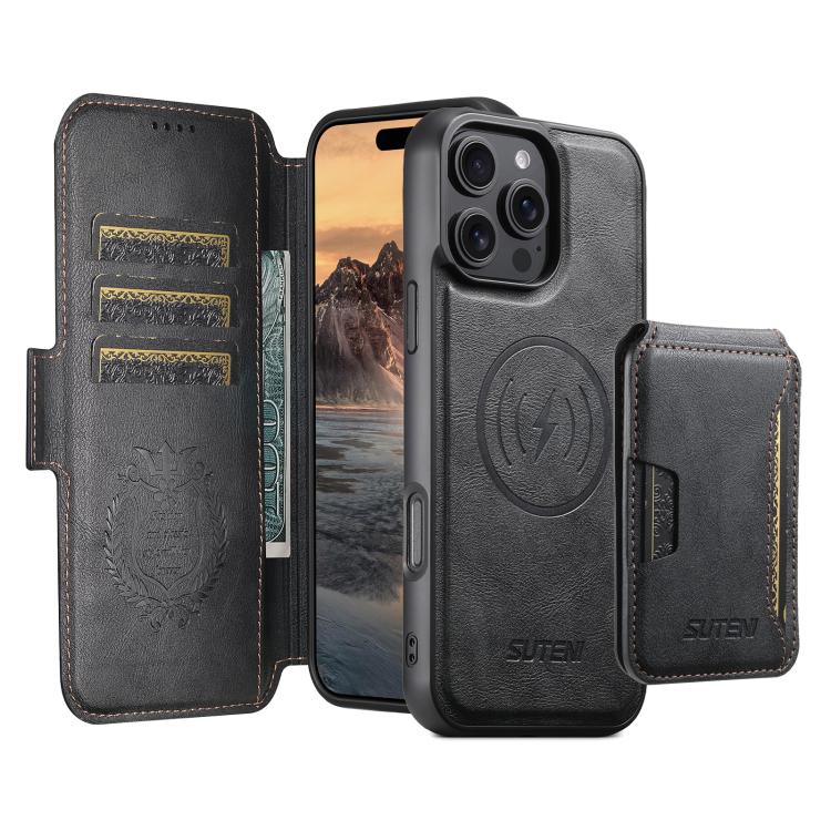 For iPhone 16 Pro Suteni Q06S3 3-in-1 Splicing Detachable Vertical Flip Wallet MagSafe Leather Phone Case(Black) - iPhone 16 Pro Cases by Suteni | Online Shopping UK | buy2fix