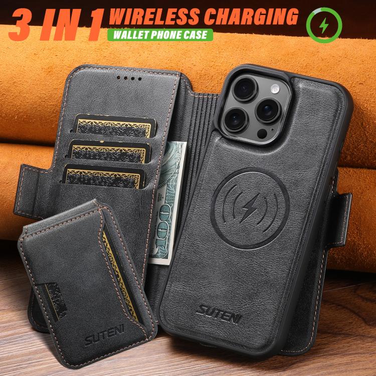 For iPhone 16 Pro Suteni Q06S3 3-in-1 Splicing Detachable Vertical Flip Wallet MagSafe Leather Phone Case(Black) - iPhone 16 Pro Cases by Suteni | Online Shopping UK | buy2fix