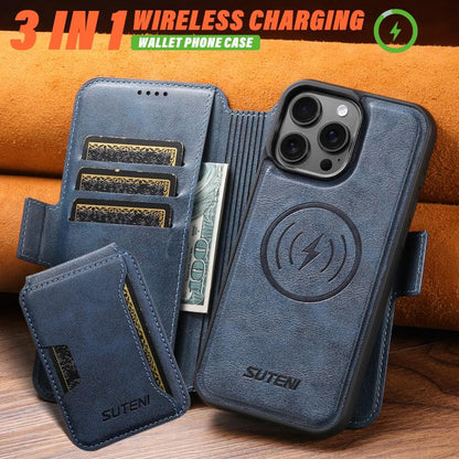 For iPhone 16 Pro Suteni Q06S3 3-in-1 Splicing Detachable Vertical Flip Wallet MagSafe Leather Phone Case(Blue) - iPhone 16 Pro Cases by Suteni | Online Shopping UK | buy2fix