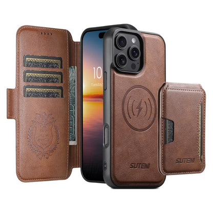 For iPhone 16 Plus Suteni Q06S3 3-in-1 Splicing Detachable Vertical Flip Wallet MagSafe Leather Phone Case(Brown) - iPhone 16 Plus Cases by Suteni | Online Shopping UK | buy2fix
