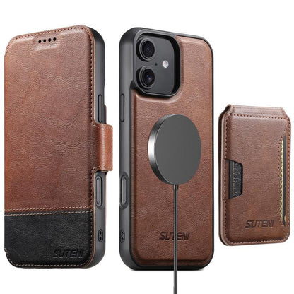 For iPhone 16 Suteni Q06S3 3-in-1 Splicing Detachable Vertical Flip Wallet MagSafe Leather Phone Case(Brown) - iPhone 16 Cases by Suteni | Online Shopping UK | buy2fix