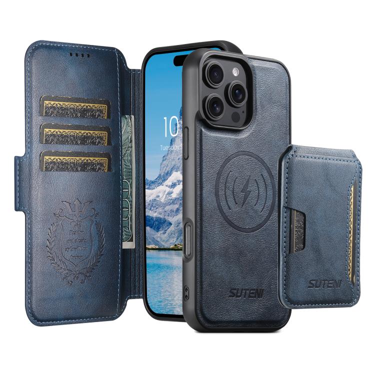 For iPhone 16 Suteni Q06S3 3-in-1 Splicing Detachable Vertical Flip Wallet MagSafe Leather Phone Case(Blue) - iPhone 16 Cases by Suteni | Online Shopping UK | buy2fix