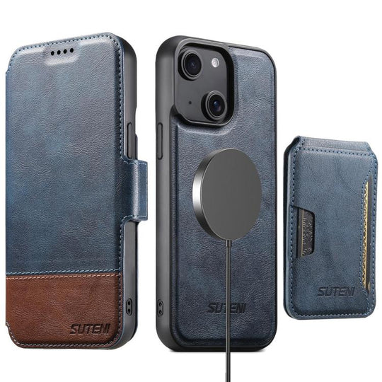 For iPhone 15 Plus Suteni Q06S3 3-in-1 Splicing Detachable Vertical Flip Wallet MagSafe Leather Phone Case(Blue)