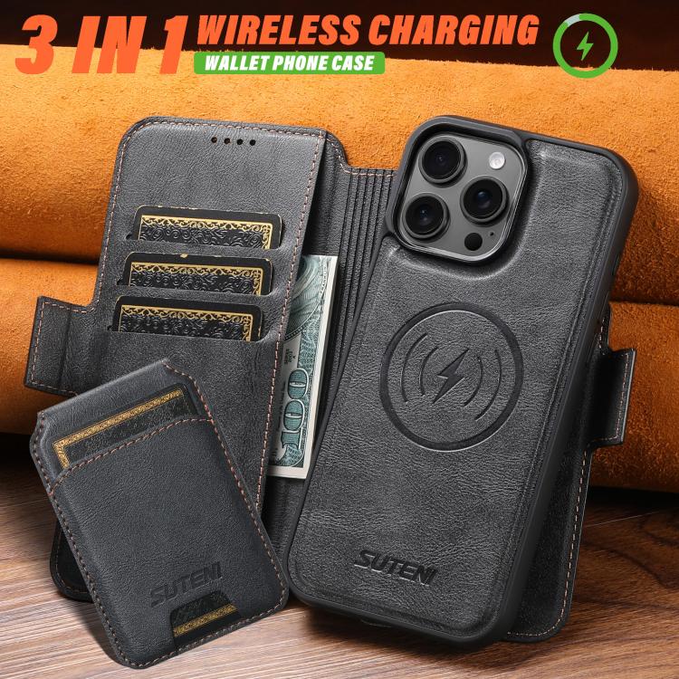 For iPhone 16 Pro Suteni Q07S2 3-in-1 Detachable Vertical Flip Wallet MagSafe Splicing Leather Phone Case(Black) - iPhone 16 Pro Cases by Suteni | Online Shopping UK | buy2fix