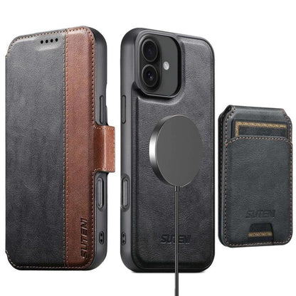 For iPhone 16 Plus Suteni Q07S2 3-in-1 Detachable Vertical Flip Wallet MagSafe Splicing Leather Phone Case(Black) - iPhone 16 Plus Cases by Suteni | Online Shopping UK | buy2fix