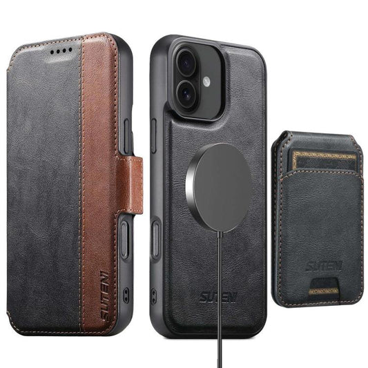 For iPhone 16 Plus Suteni Q07S2 3-in-1 Detachable Vertical Flip Wallet MagSafe Splicing Leather Phone Case(Black) - iPhone 16 Plus Cases by Suteni | Online Shopping UK | buy2fix