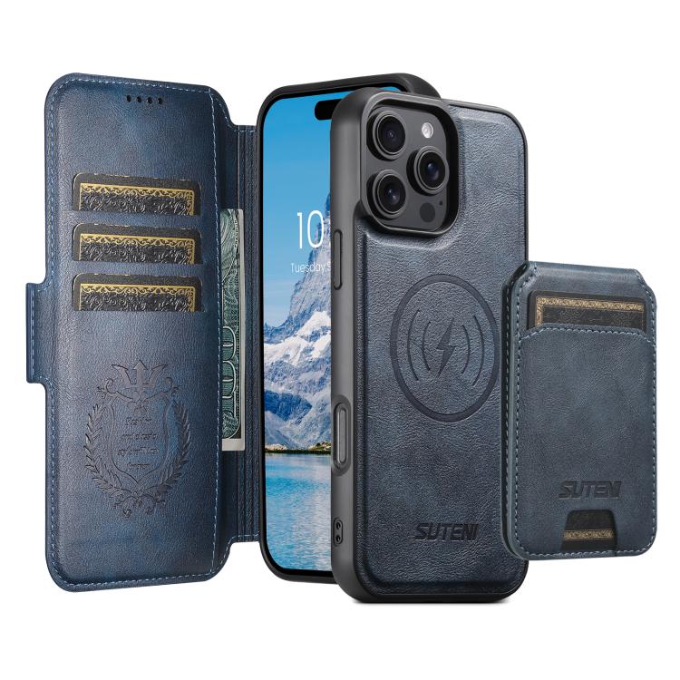 For iPhone 16 Suteni Q07S2 3-in-1 Detachable Vertical Flip Wallet MagSafe Splicing Leather Phone Case(Blue) - iPhone 16 Cases by Suteni | Online Shopping UK | buy2fix