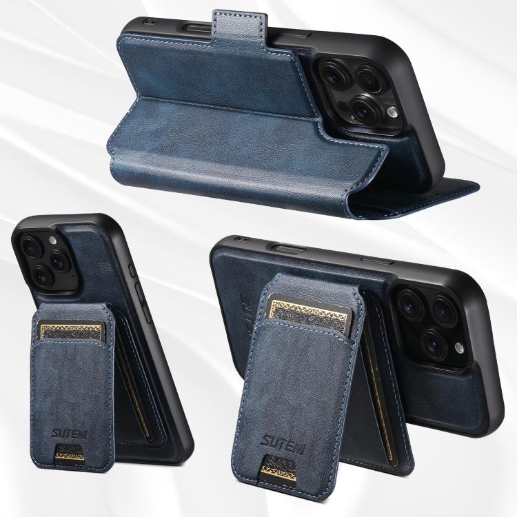 For iPhone 16 Suteni Q07S2 3-in-1 Detachable Vertical Flip Wallet MagSafe Splicing Leather Phone Case(Blue) - iPhone 16 Cases by Suteni | Online Shopping UK | buy2fix