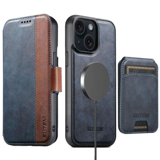 For iPhone 15 Plus Suteni Q07S2 3-in-1 Detachable Vertical Flip Wallet MagSafe Splicing Leather Phone Case(Blue)