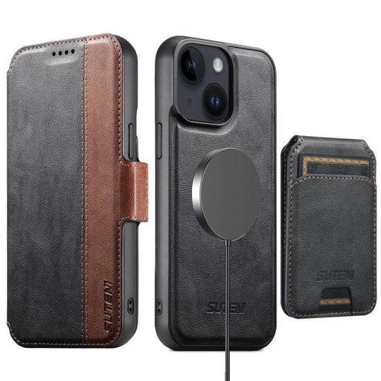 For iPhone 14 Plus Suteni Q07S2 3-in-1 Detachable Vertical Flip Wallet MagSafe Splicing Leather Phone Case(Black)