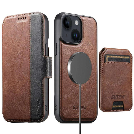 For iPhone 14 Suteni Q07S2 3-in-1 Detachable Vertical Flip Wallet MagSafe Splicing Leather Phone Case(Brown)