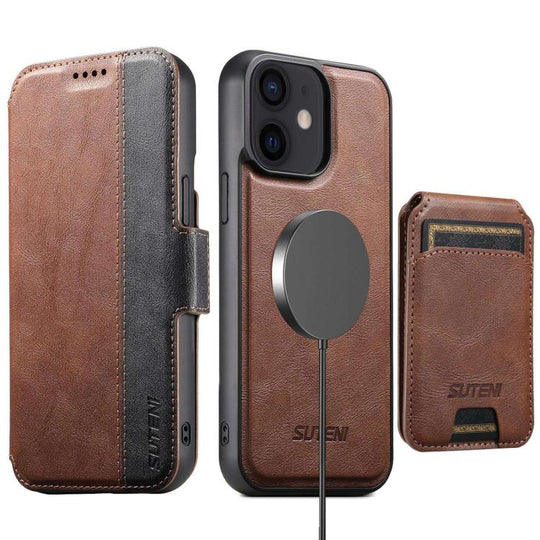 For iPhone 12 Suteni Q07S2 3-in-1 Detachable Vertical Flip Wallet MagSafe Splicing Leather Phone Case(Brown)