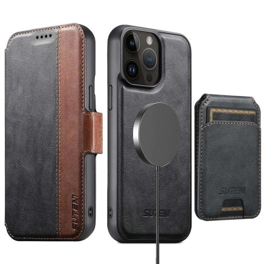 For iPhone 12 Pro Suteni Q07S2 3-in-1 Detachable Vertical Flip Wallet MagSafe Splicing Leather Phone Case(Black)