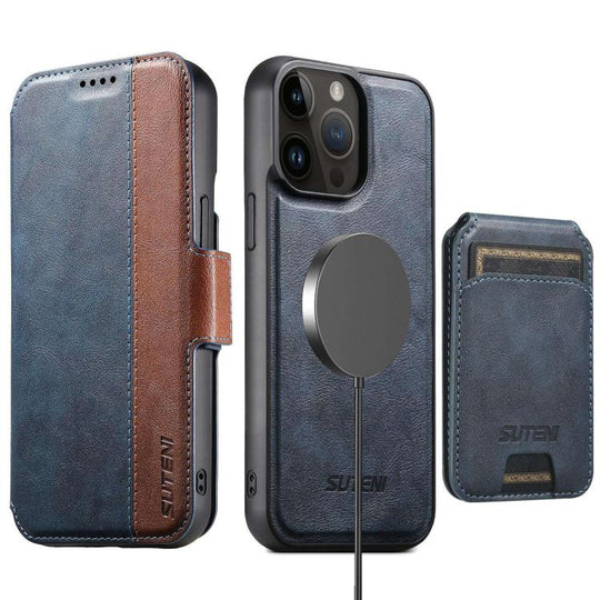 For iPhone 12 Pro Suteni Q07S2 3-in-1 Detachable Vertical Flip Wallet MagSafe Splicing Leather Phone Case(Blue)