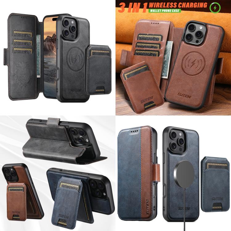 For iPhone 16 Pro Suteni Q07S2 3-in-1 Detachable Vertical Flip Wallet MagSafe Splicing Leather Phone Case(Black) - iPhone 16 Pro Cases by Suteni | Online Shopping UK | buy2fix