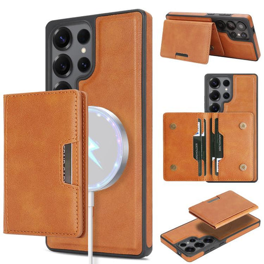 For Samsung Galaxy S24 Ultra Kalebol Strong Magnetic MagSafe 2-Fold Ring Magnetic Card Case Leather Side Sticker Phone Case(Brown)