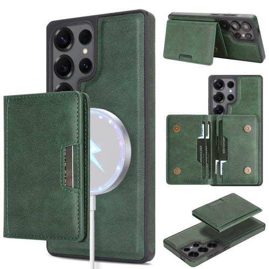 For Samsung Galaxy S24 Ultra Kalebol Strong Magnetic MagSafe 2-Fold Ring Magnetic Card Case Leather Side Sticker Phone Case(Green)