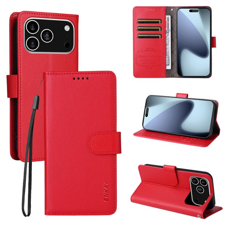 For iPhone 17 Pro Max ENKAY RFID Blocking Wallet Kickstand Litchi Texture Leather Phone Case(Red) - iPhone 17 Pro Max Cases by ENKAY | Online Shopping UK | buy2fix