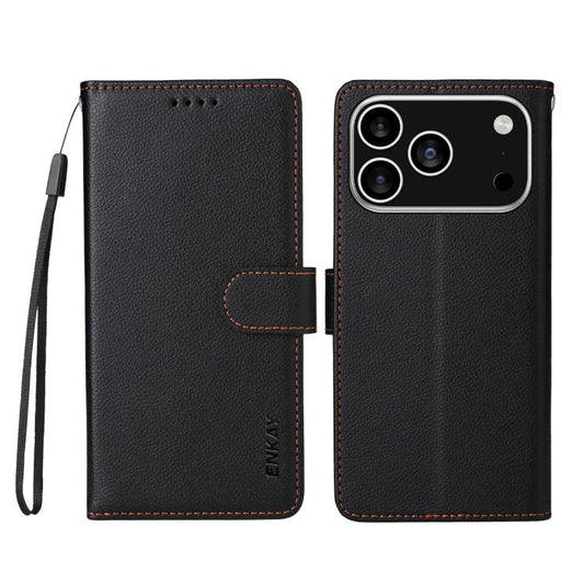 For iPhone 17 Pro ENKAY RFID Blocking Wallet Kickstand Litchi Texture Leather Phone Case(Black) - iPhone 17 Pro Cases by ENKAY | Online Shopping UK | buy2fix