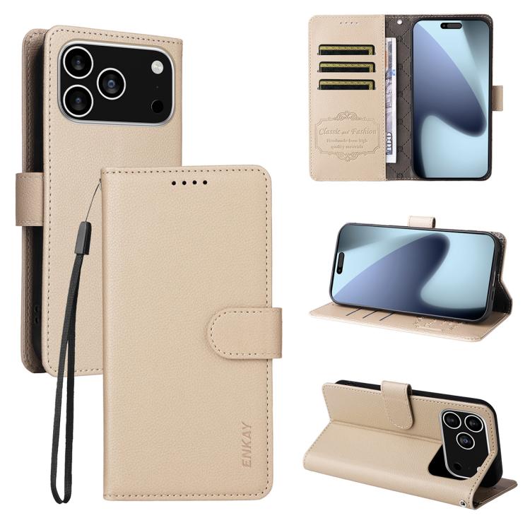For iPhone 17 Pro ENKAY RFID Blocking Wallet Kickstand Litchi Texture Leather Phone Case(Beige) - iPhone 17 Pro Cases by ENKAY | Online Shopping UK | buy2fix