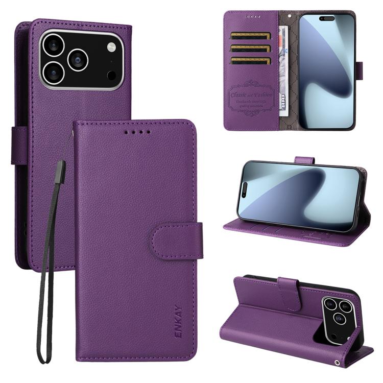 For iPhone 17 Pro ENKAY RFID Blocking Wallet Kickstand Litchi Texture Leather Phone Case(Purple) - iPhone 17 Pro Cases by ENKAY | Online Shopping UK | buy2fix