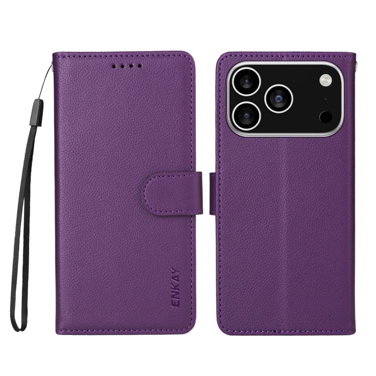 For iPhone 17 Pro ENKAY RFID Blocking Wallet Kickstand Litchi Texture Leather Phone Case(Purple) - iPhone 17 Pro Cases by ENKAY | Online Shopping UK | buy2fix