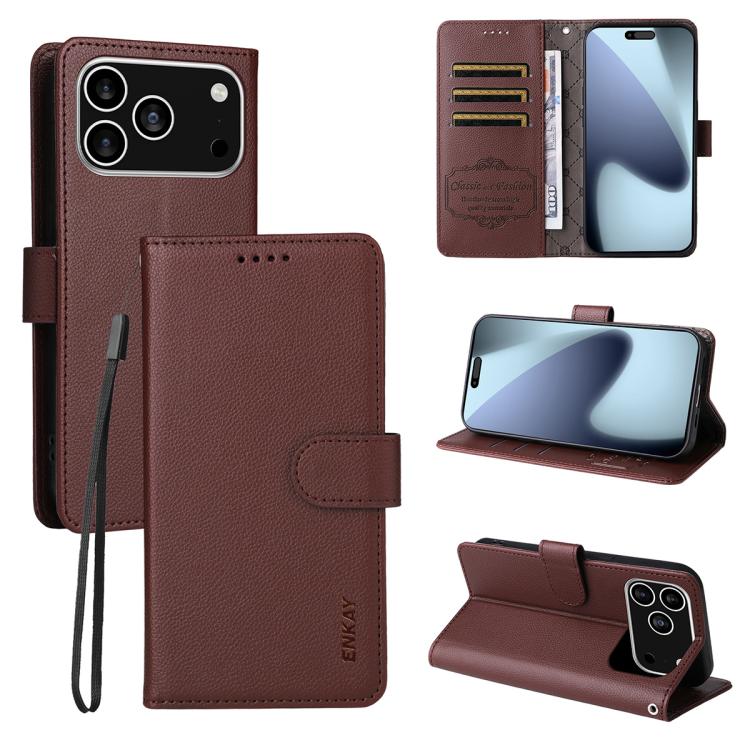 For iPhone 17 Pro ENKAY RFID Blocking Wallet Kickstand Litchi Texture Leather Phone Case(Brown) - iPhone 17 Pro Cases by ENKAY | Online Shopping UK | buy2fix