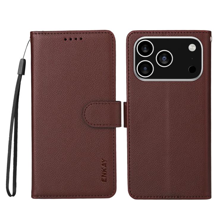 For iPhone 17 Pro ENKAY RFID Blocking Wallet Kickstand Litchi Texture Leather Phone Case(Brown) - iPhone 17 Pro Cases by ENKAY | Online Shopping UK | buy2fix